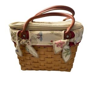 Longaberger Woven Basket Satchel with Floral Cream Top